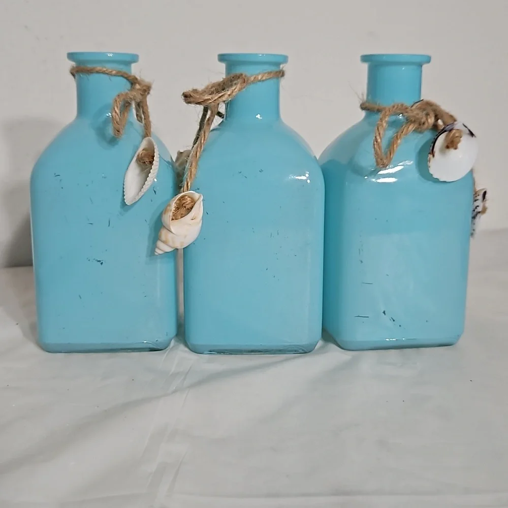 Hand Painted Light Blue Natural Twine Assorted Sea Shells Glass Jars - Picture 5 of 6